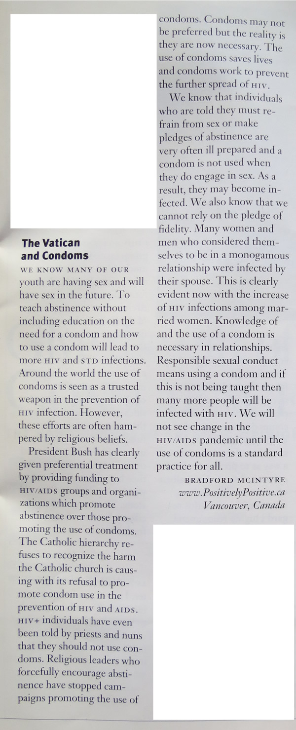 CONSCIENCE: THE NEWSJOURNAL OF CATHOLIC OPINION - ARTICLE - The Vatican and Condoms by Bradford McIntyre - Summer 2005